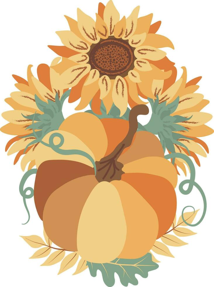 Autumn Pumpkins Sunflowers compositions isolated Vector illustration on white background