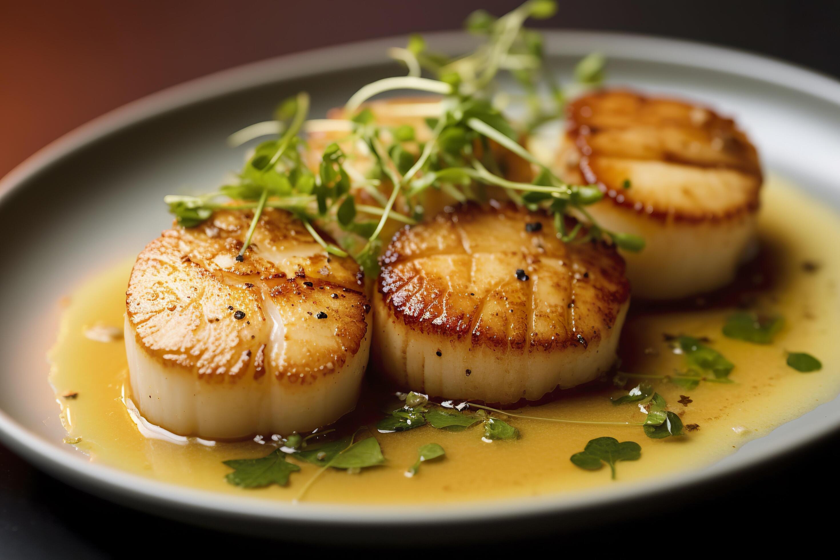 Closeup of pan seared diver scallops with lemon beurre blanc