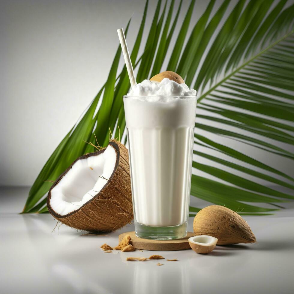Coconut milk shake glass with fresh sliced coconut. Generative AI photo