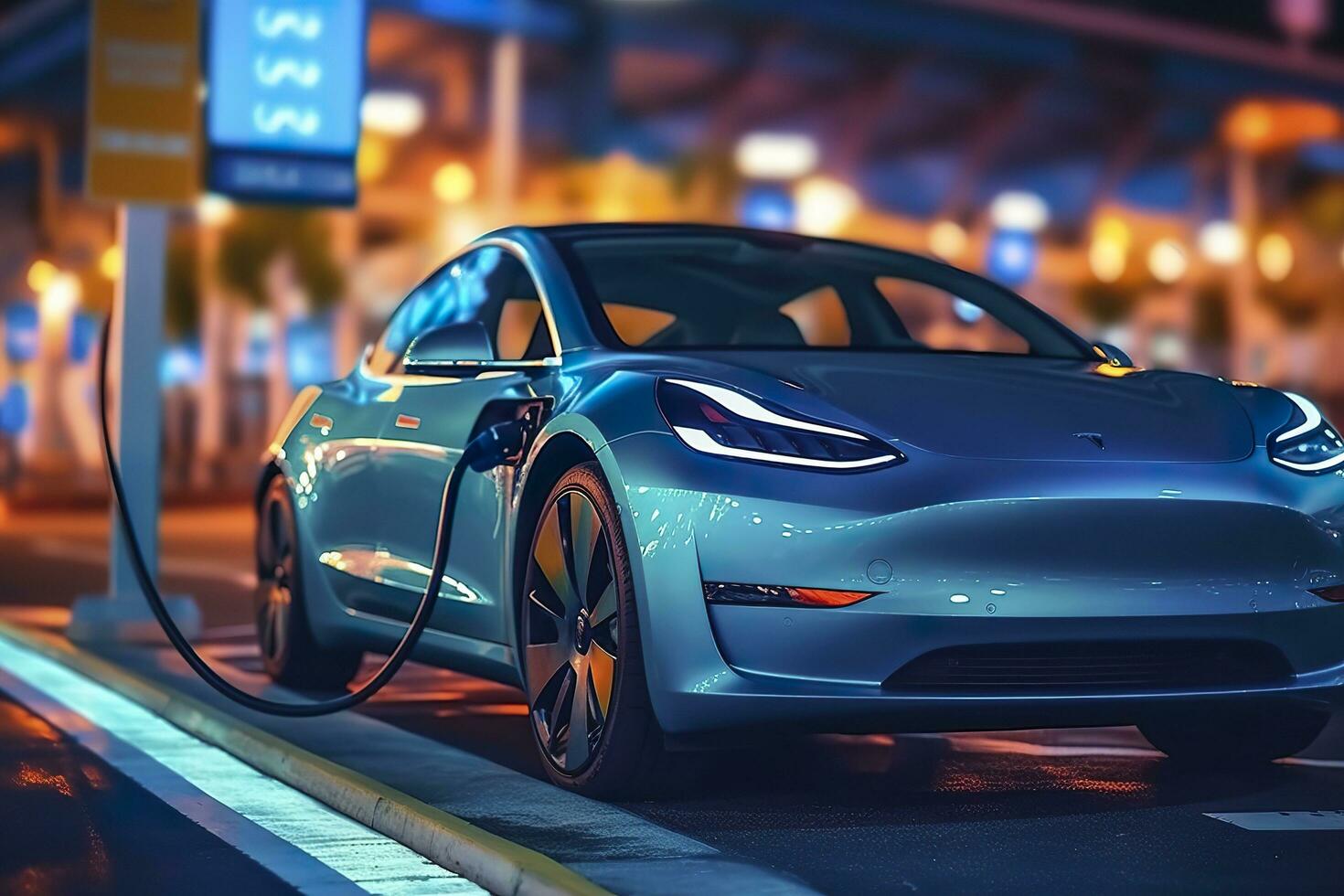 Close up photo of an electrical car charging at a gas station. Generative AI