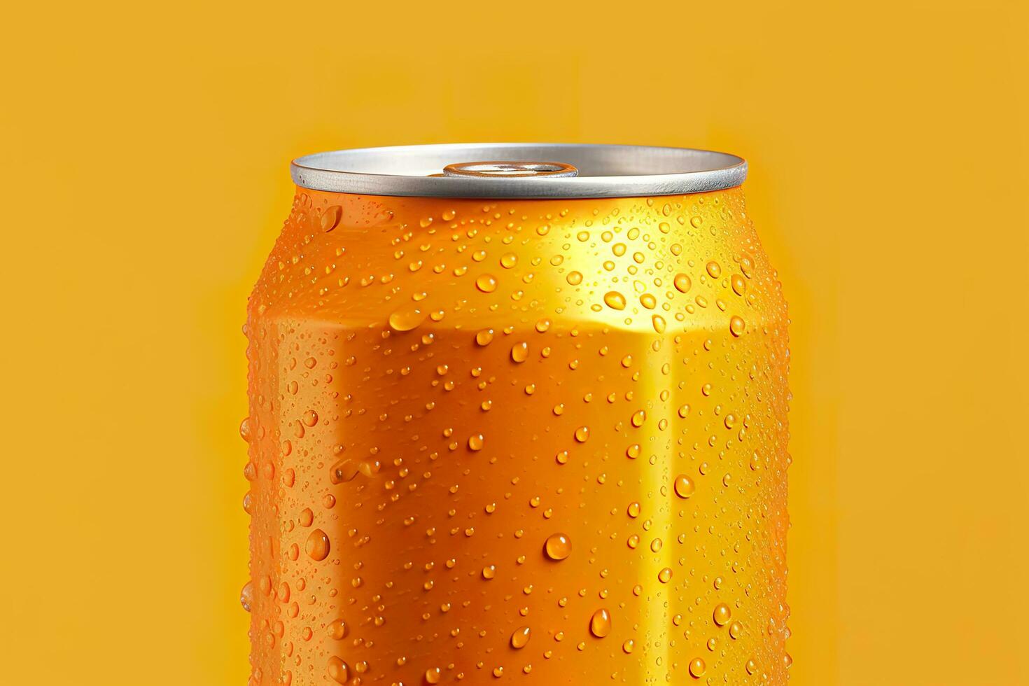 Can of fresh soda with water drops on orange background, closeup. Generative AI photo