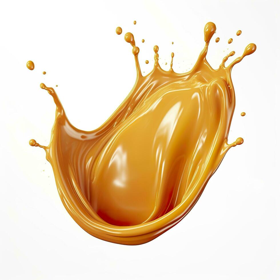 Caramel sauce, Liquid syrup splash, sugar candy caramel or melted toffee, 3d. Generative AI photo