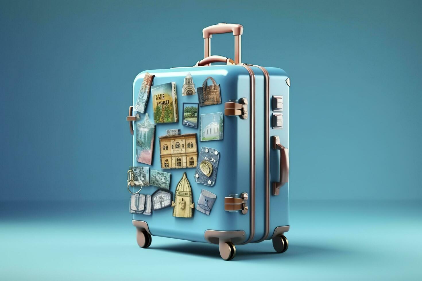 Blue suitcase full of landmarks and travel accessories on blue background. Generative AI photo