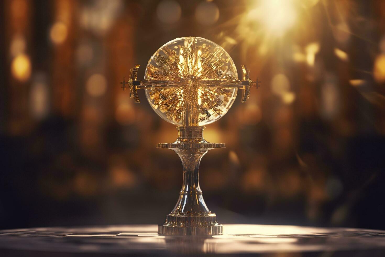 The golden monstrance with a little transparent crystal center, consecrated host. church defocused background. AI Generative photo