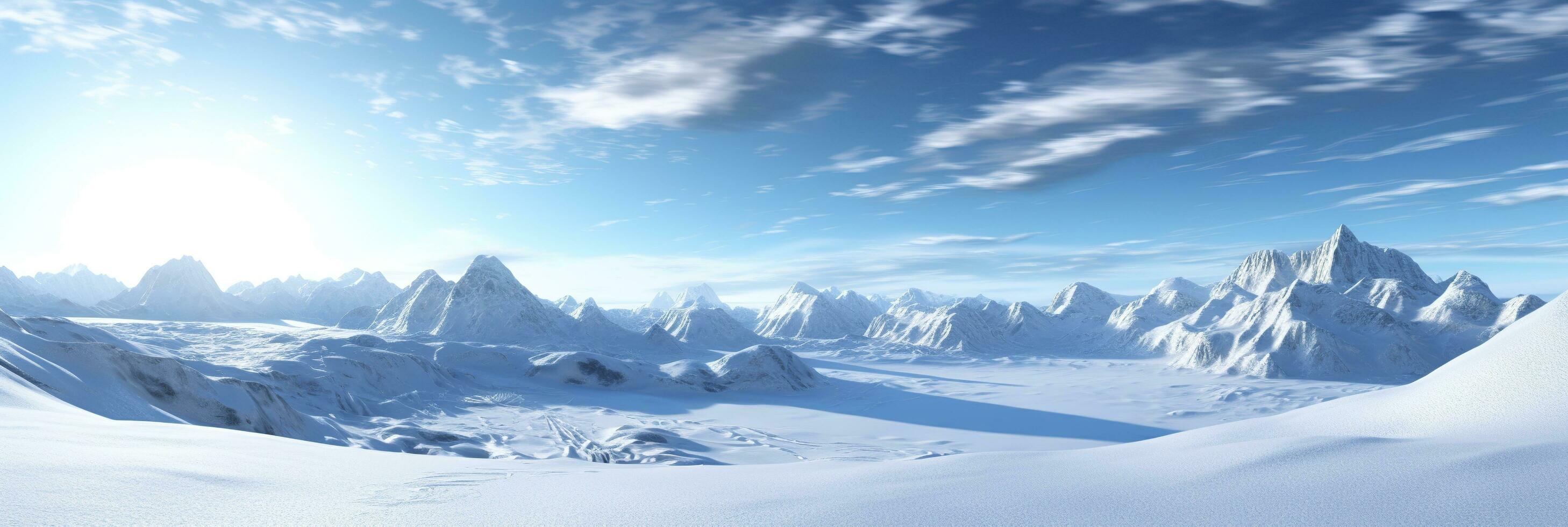 vast desolated snow land, big mountains in the background, snowfall with light blue sky and light blue colors, peaceful atmosphere,  AI Generative photo