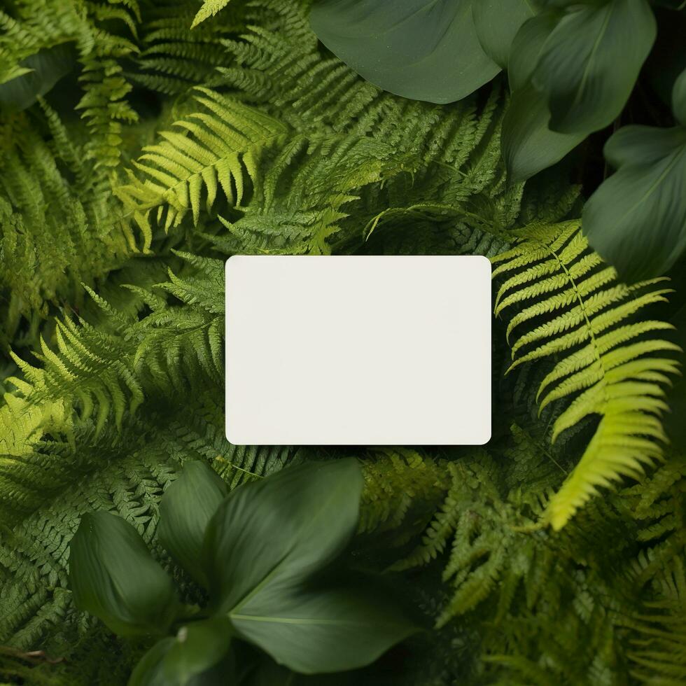 Blank business card on green leaves background. Generative AI photo