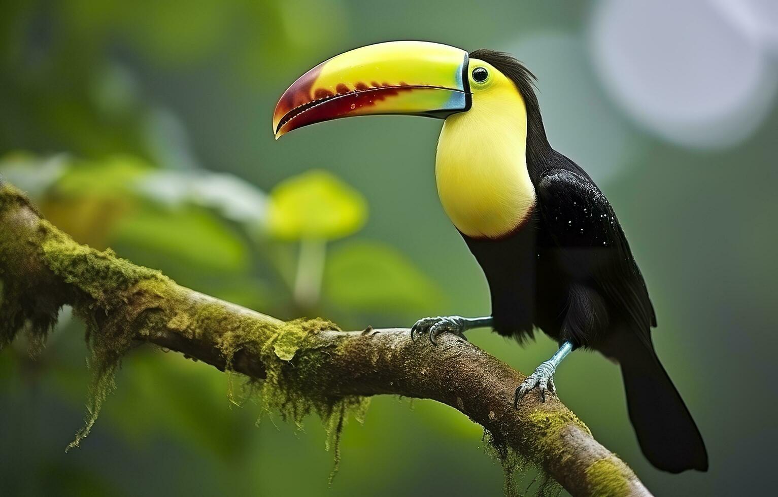 Chesnut mandibled Toucan sitting on the branch in tropical rain with a green jungle. Generative AI photo