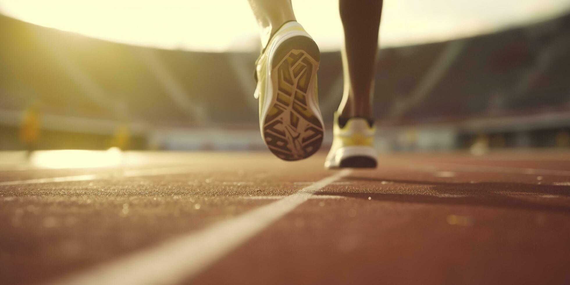 Runner feet running on a stadium, closeup on feet, sports background, space for copy, AI Generative photo