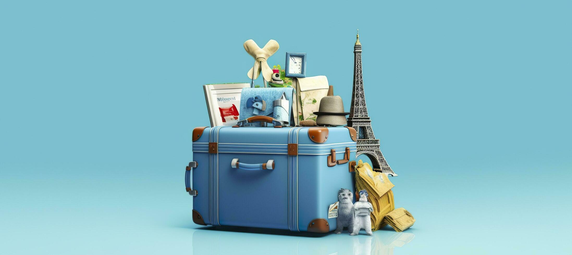 Blue suitcase full of landmarks and travel accessories on blue background. Generative AI photo