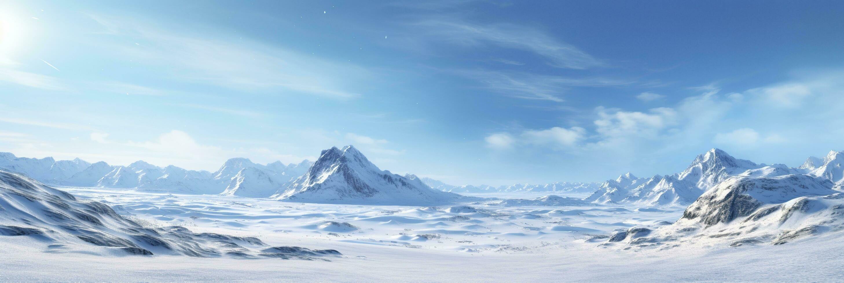 vast desolated snow land, big mountains in the background, snowfall with light blue sky and light blue colors, peaceful atmosphere,  AI Generative photo