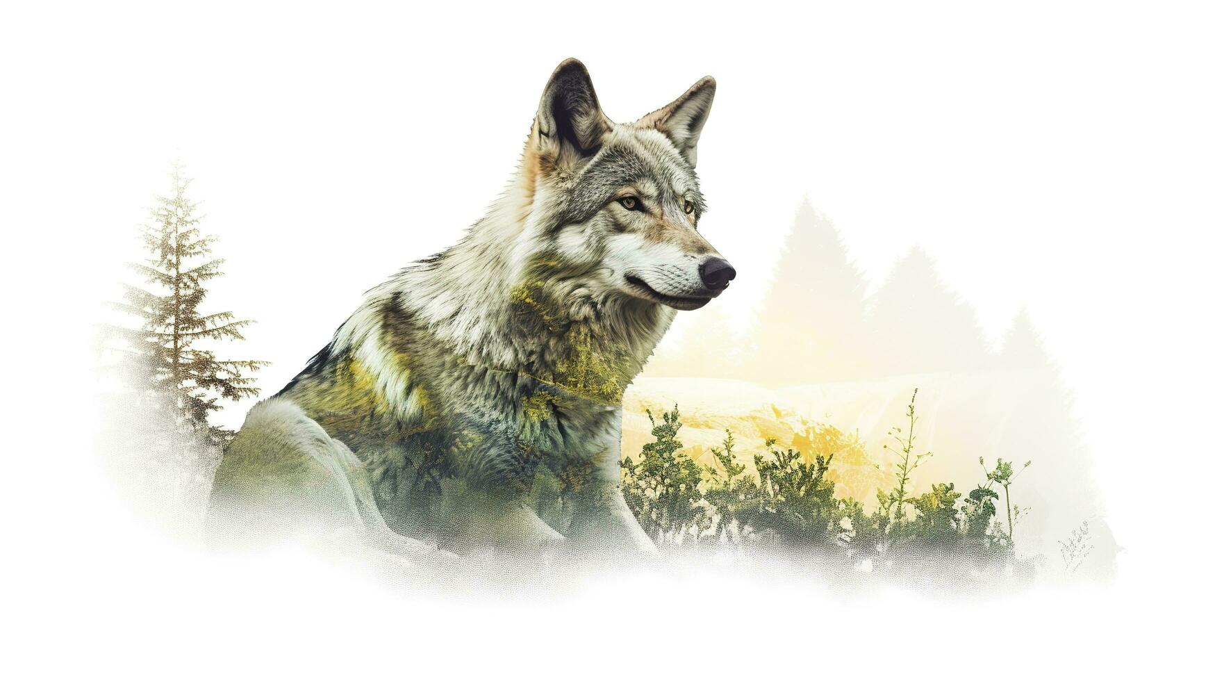 An alpha wolf and the spectacular colorful nature and green forest, clean sharp focus, on white background, double exposure photography. AI Generative photo