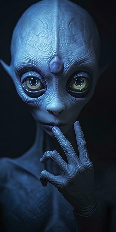 An extraordinary portrait of unknown adorable alien species over an alien finger, a style of high alien fashion. AI Generative photo