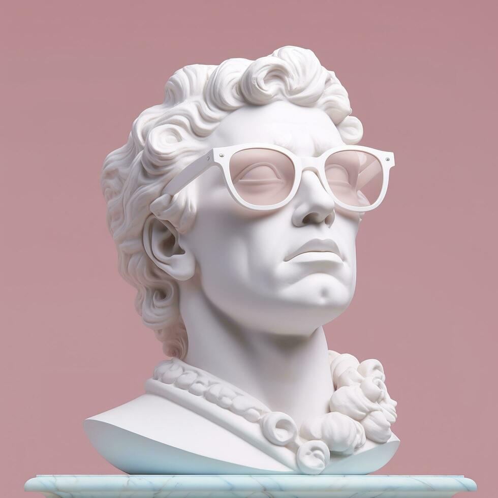 The head of a white mythological statue with fashionable pink glasses on his eyes, frame in profile. AI Generative photo