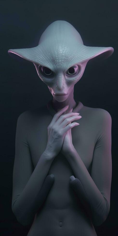 An extraordinary portrait of unknown adorable alien species over an alien finger, a style of high alien fashion. AI Generative photo