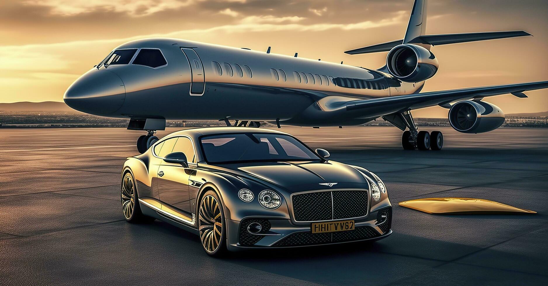 Super car and private jet on landing strip. Business class service at the airport. Business class transfer. Airport shuttle, AI Generative photo