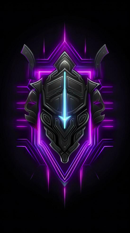 Amethyst 3D Minimalist Shield Design with a black or dark background with neon lines. AI Generative photo