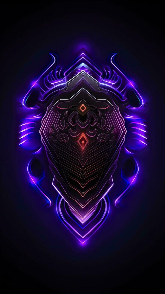 Amethyst 3D Minimalist Shield Design with a black or dark background with neon lines. AI Generative photo