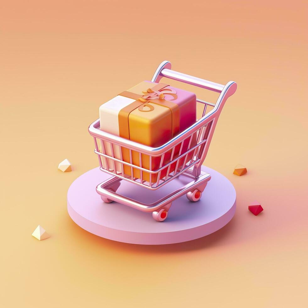 Light Orange and Pink Shopping Cart with Gift Box Icon. AI Generative photo