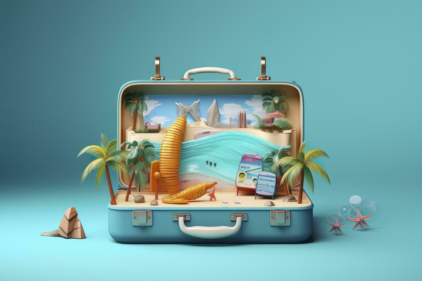 Creative Summer Beach Composition in Suitcase on Blue Background, A Travel Concept Idea in 3D Rendering. AI Generative photo