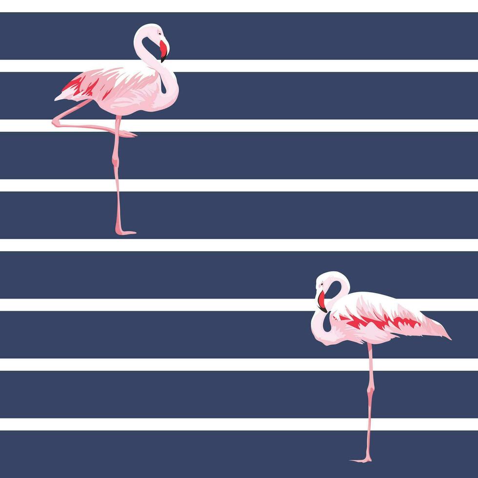 Seamless pattern with flamingos on a striped background vector