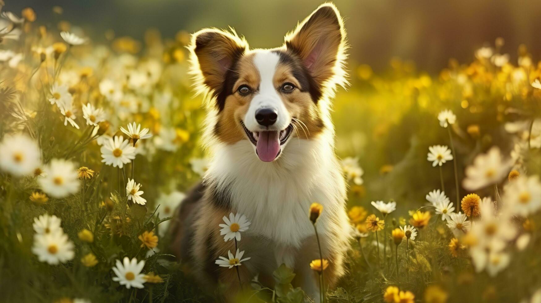 Charming corgi dog with flowers in the spring. Generative AI photo