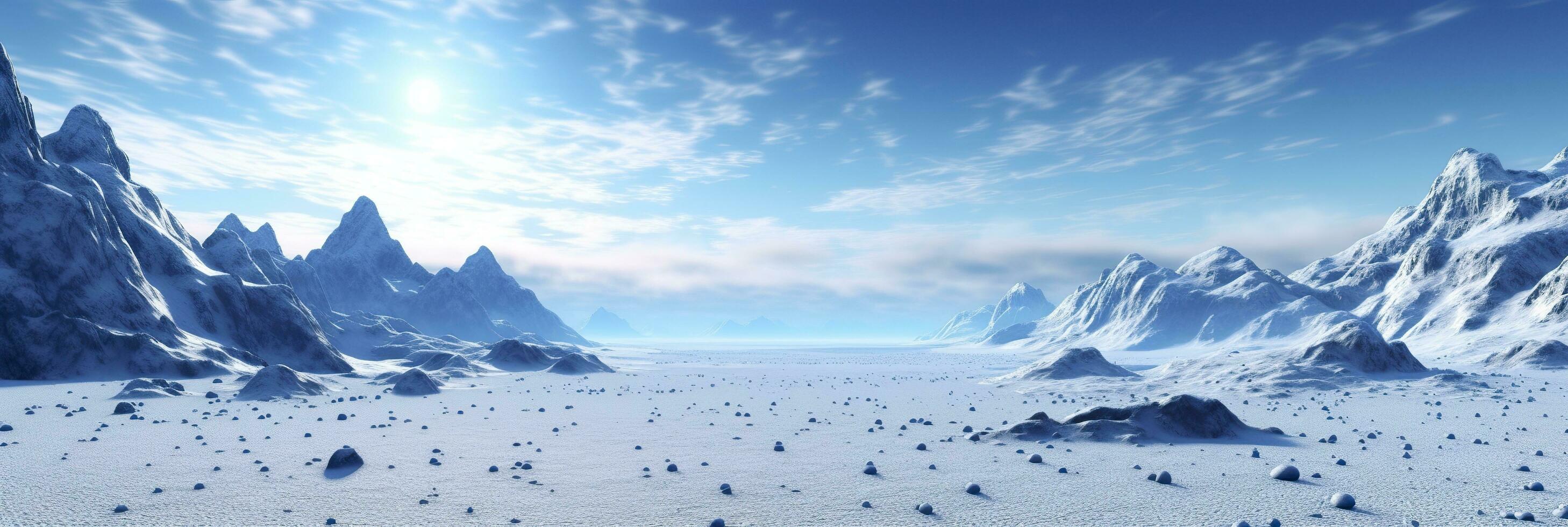 vasto desolado nieve tierra, grande montañas en el fondo, nevada con ligero azul cielo y ligero azul colores, pacífico atmósfera, ai generativo foto