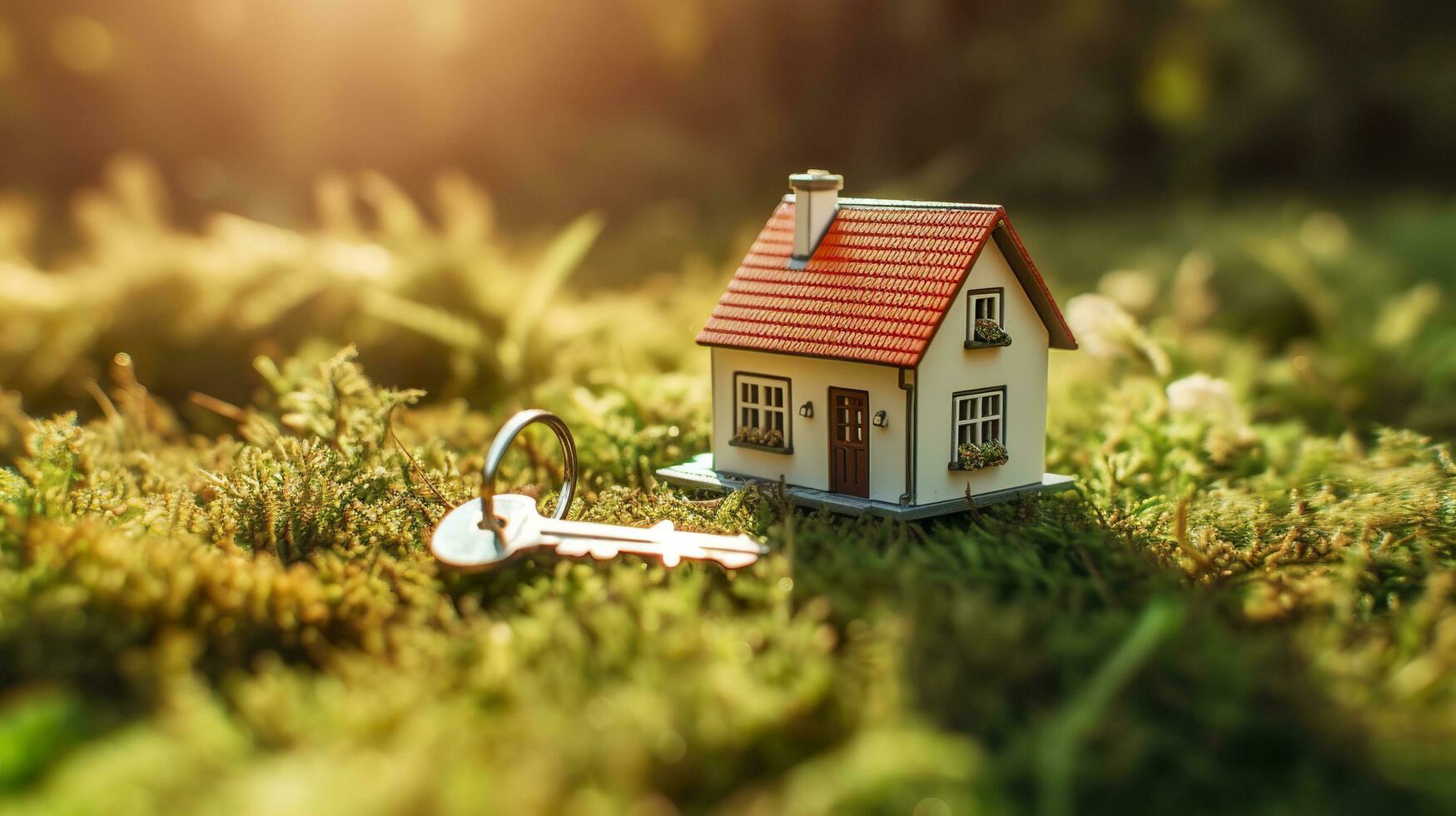 Copy space of home. Small model home on green grass with sunlight. AI Generative photo