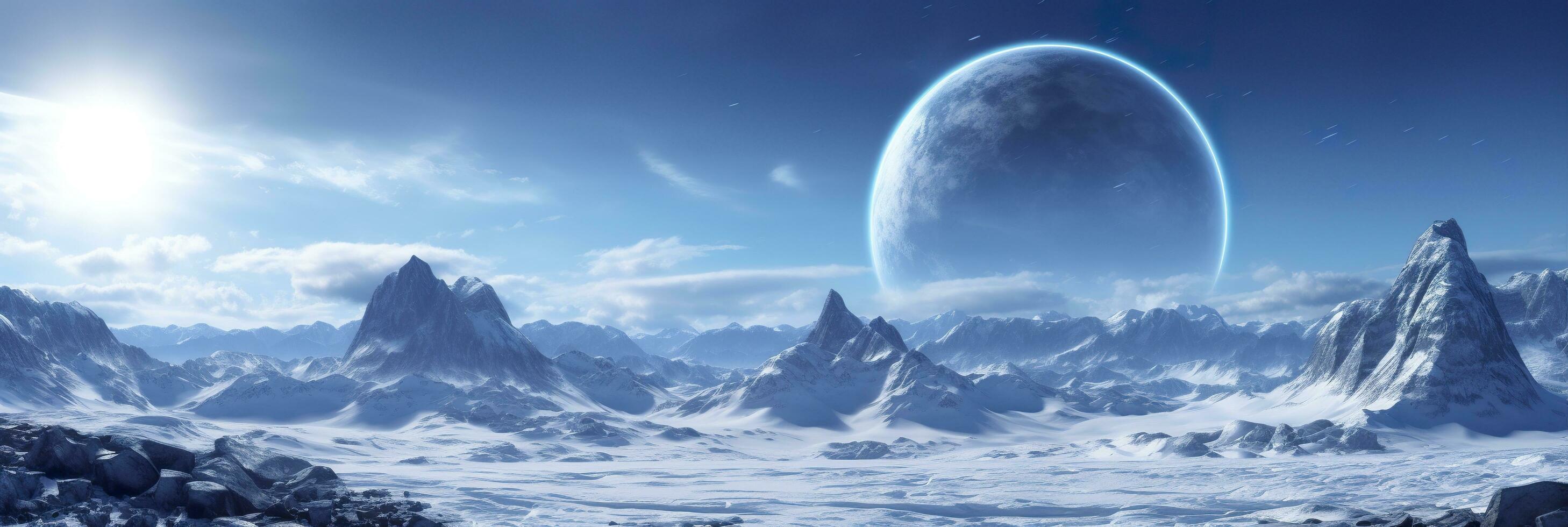 vast desolated snow land, big mountains in the background, snowfall with light blue sky and light blue colors, peaceful atmosphere,  AI Generative photo