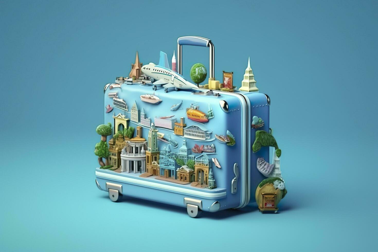 Blue suitcase full of landmarks and travel accessories on blue background. Generative AI photo