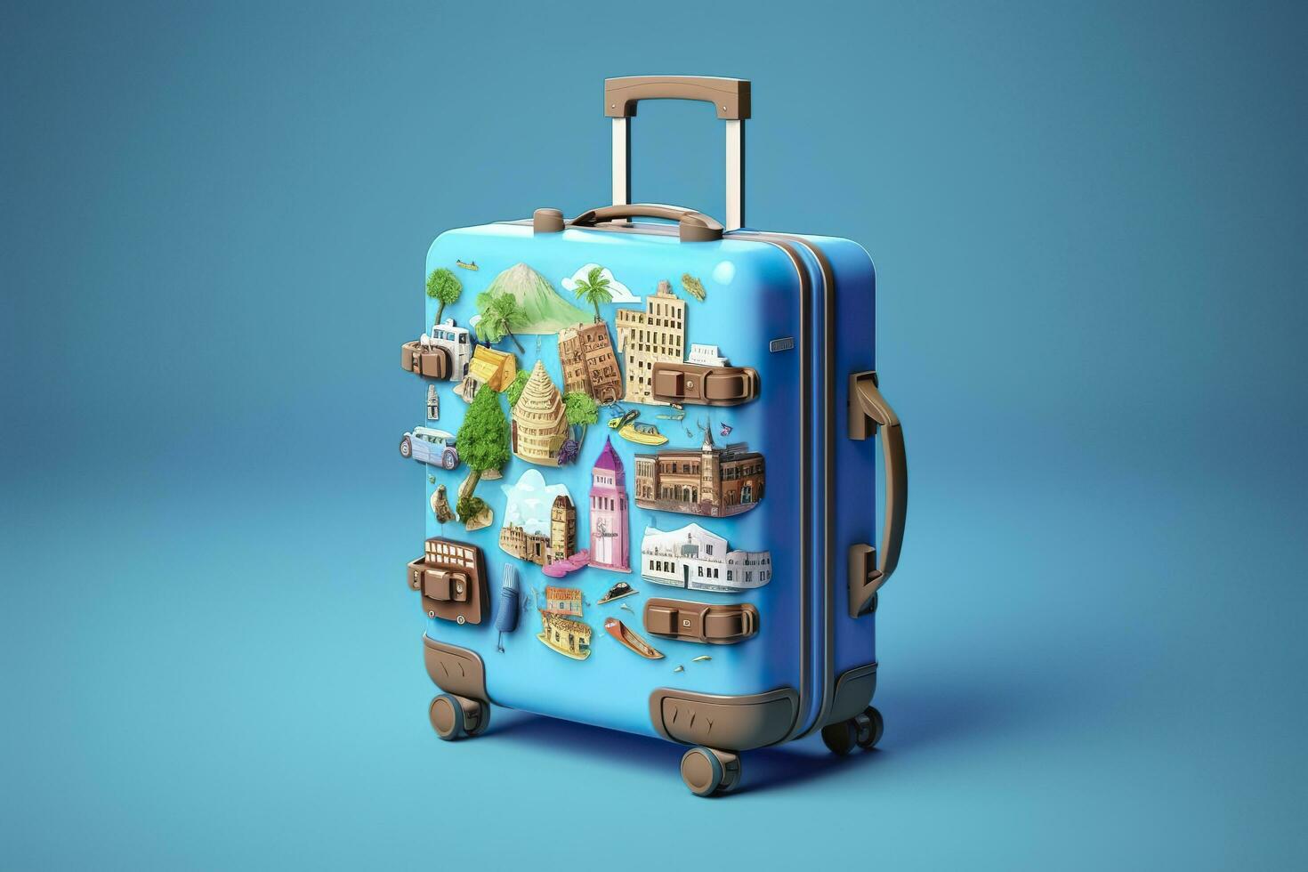 Blue suitcase full of landmarks and travel accessories on blue background. Generative AI photo