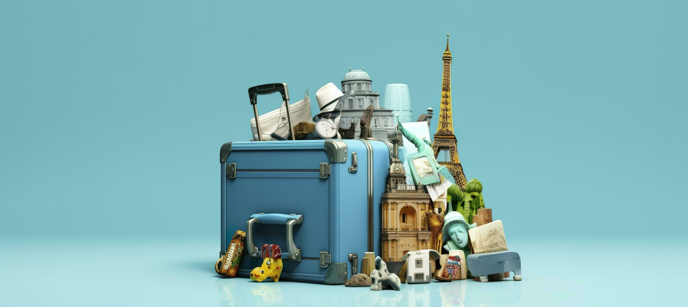 Blue suitcase full of landmarks and travel accessories on blue background. Generative AI photo