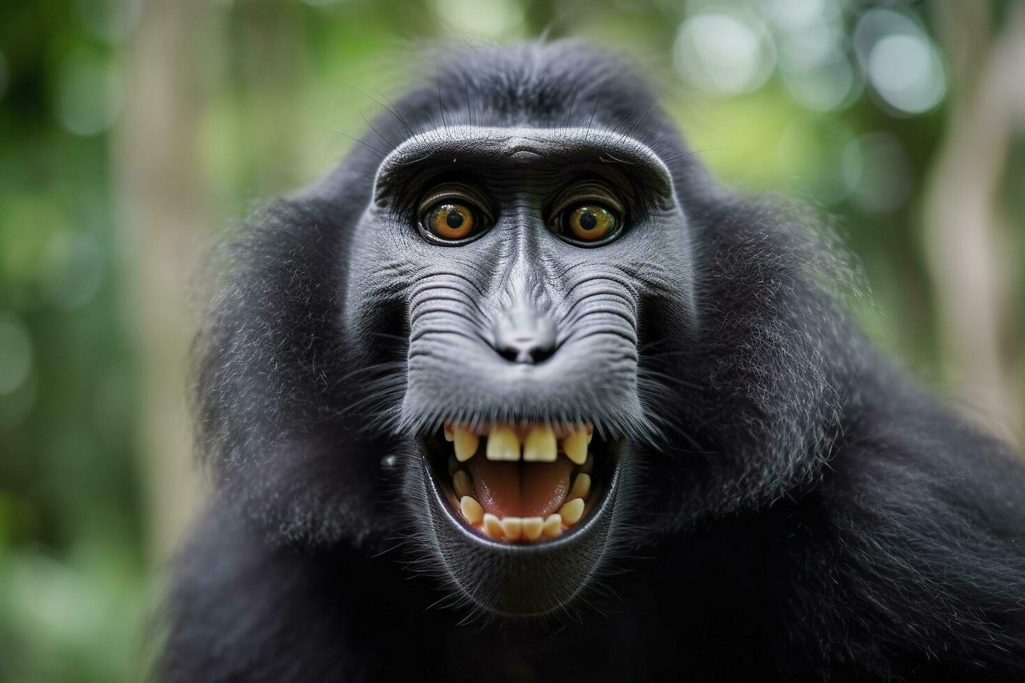 Celebes crested macaque with open mouth. Close up on the green natural background. Generative AI photo