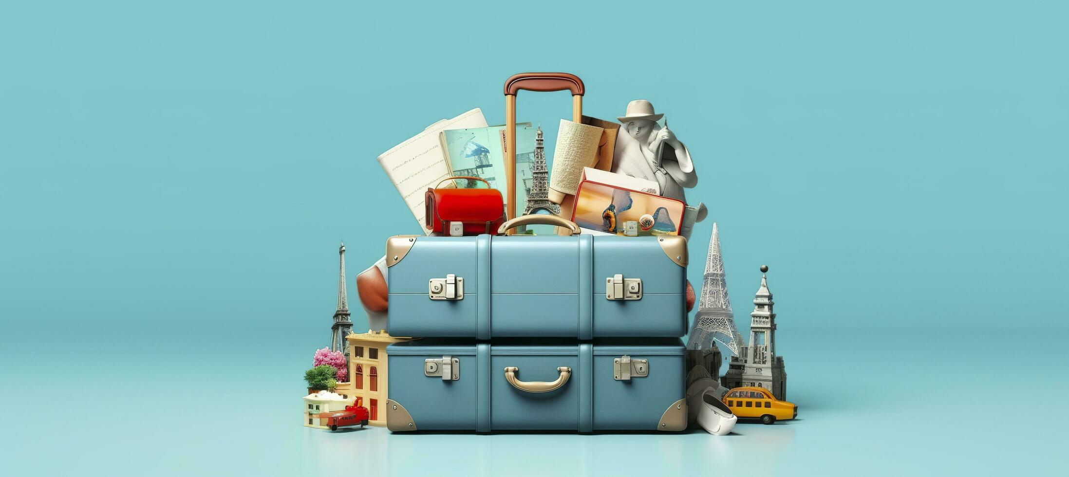 Blue suitcase full of landmarks and travel accessories on blue background. Generative AI photo