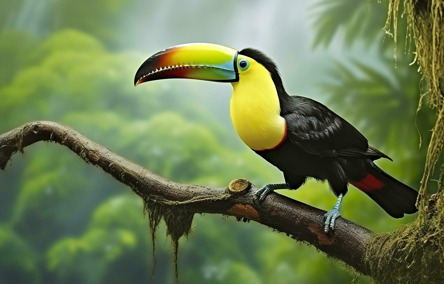 Chesnut mandibled Toucan sitting on the branch in tropical rain with a green jungle. Generative AI photo