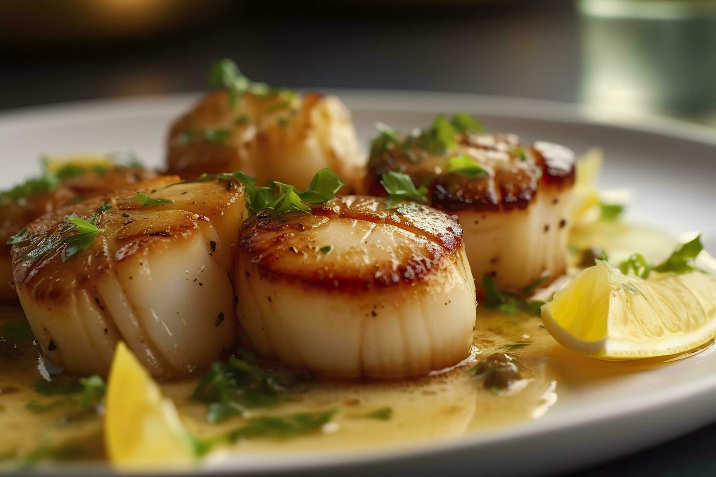 Closeup of pan seared diver scallops with lemon beurre blanc. Generative AI photo