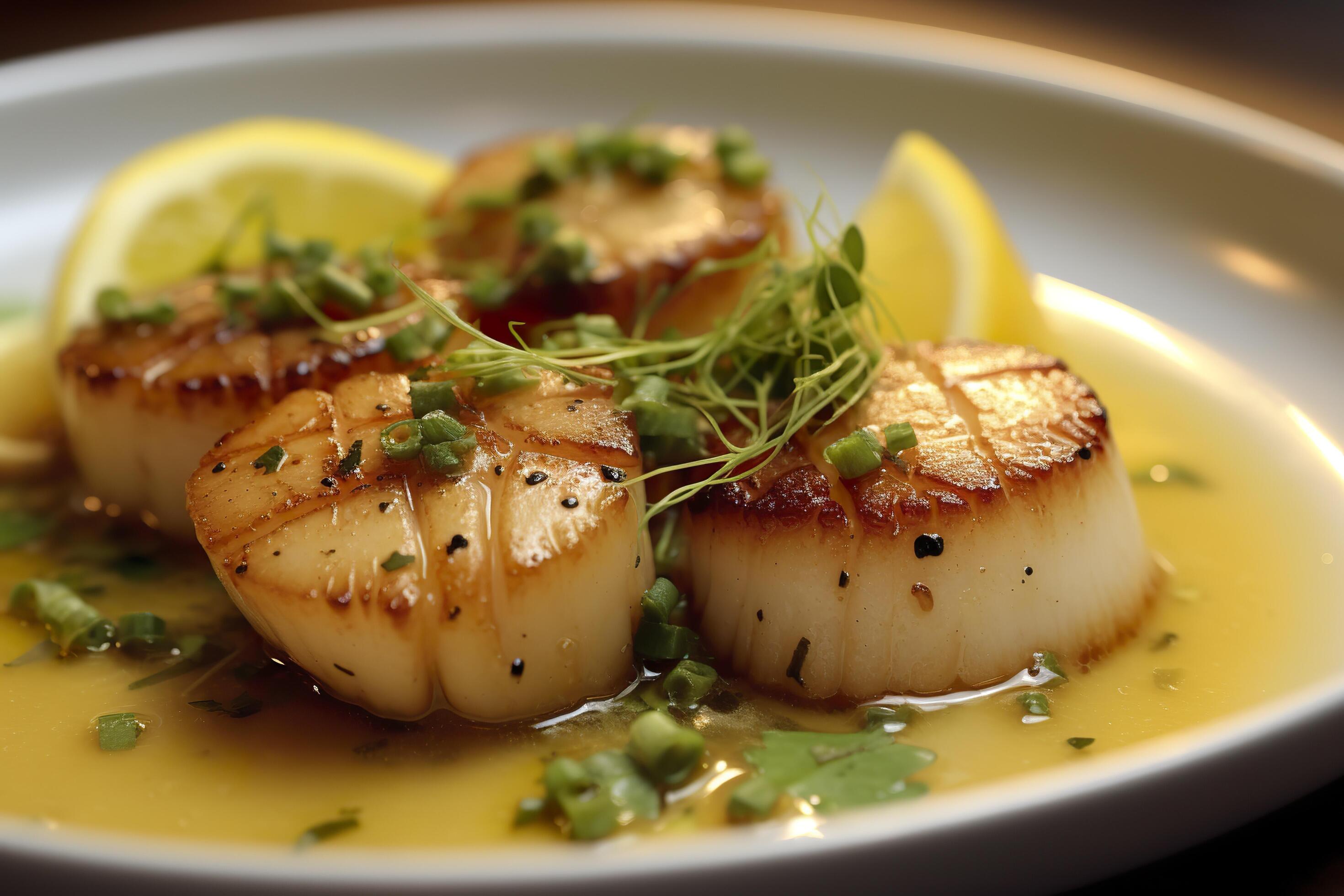 Closeup of pan seared diver scallops with lemon beurre blanc