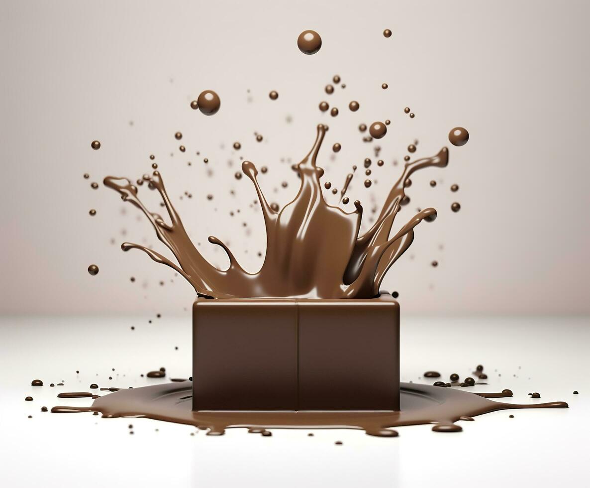 Chocolate splash with a podium, mockup background for milk product display, 3d. Generative AI photo