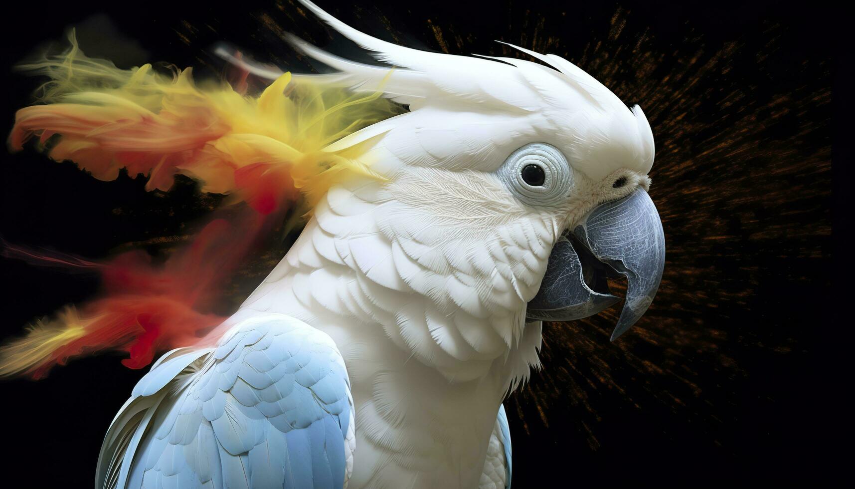 Digital photo manipulation of a white parrot. Generative AI