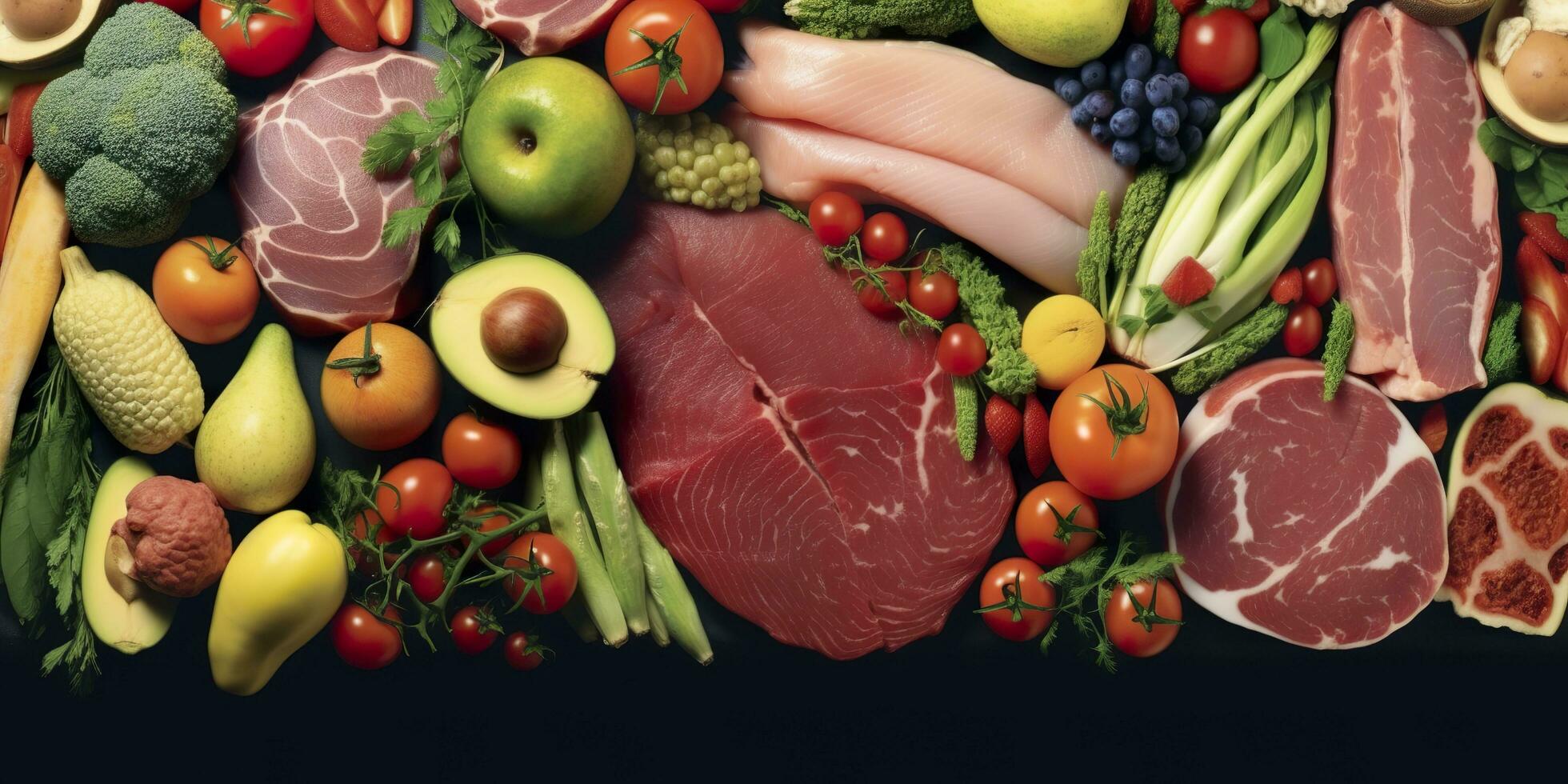 Different types of meats, vegetables, and fruits lay in supermarkets. Generative AI photo