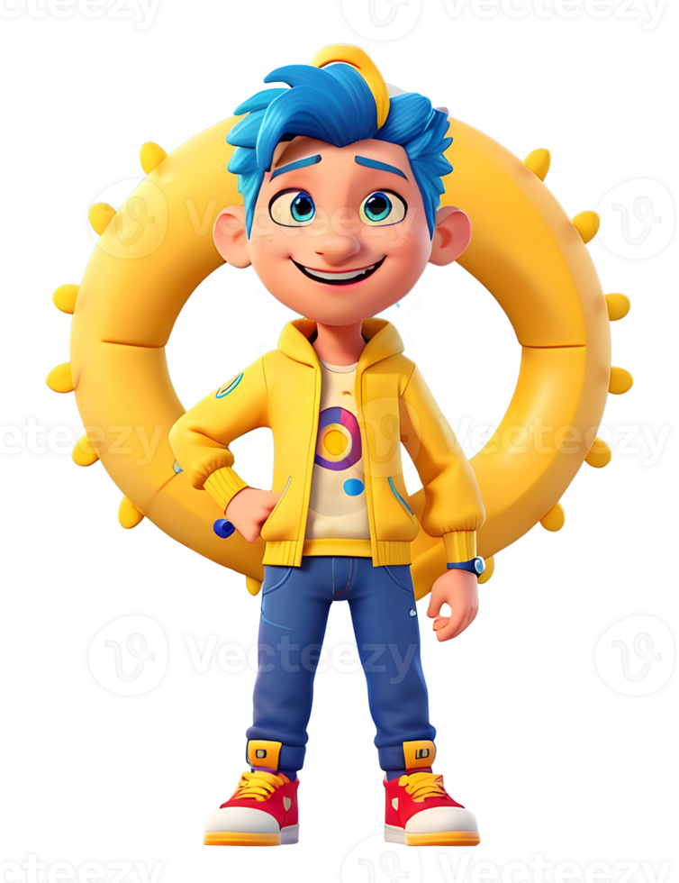 a cartoon character with blue hair and yellow jacket, AI Generative png