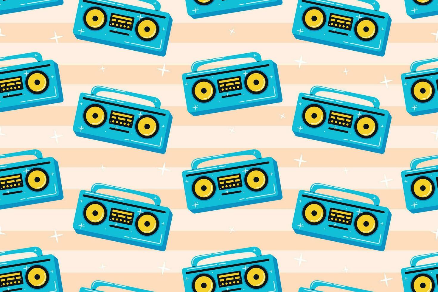 Old retro music player, trendy youth cassette tape recorder. Vector cartoon seamless pop pattern, 90s style.