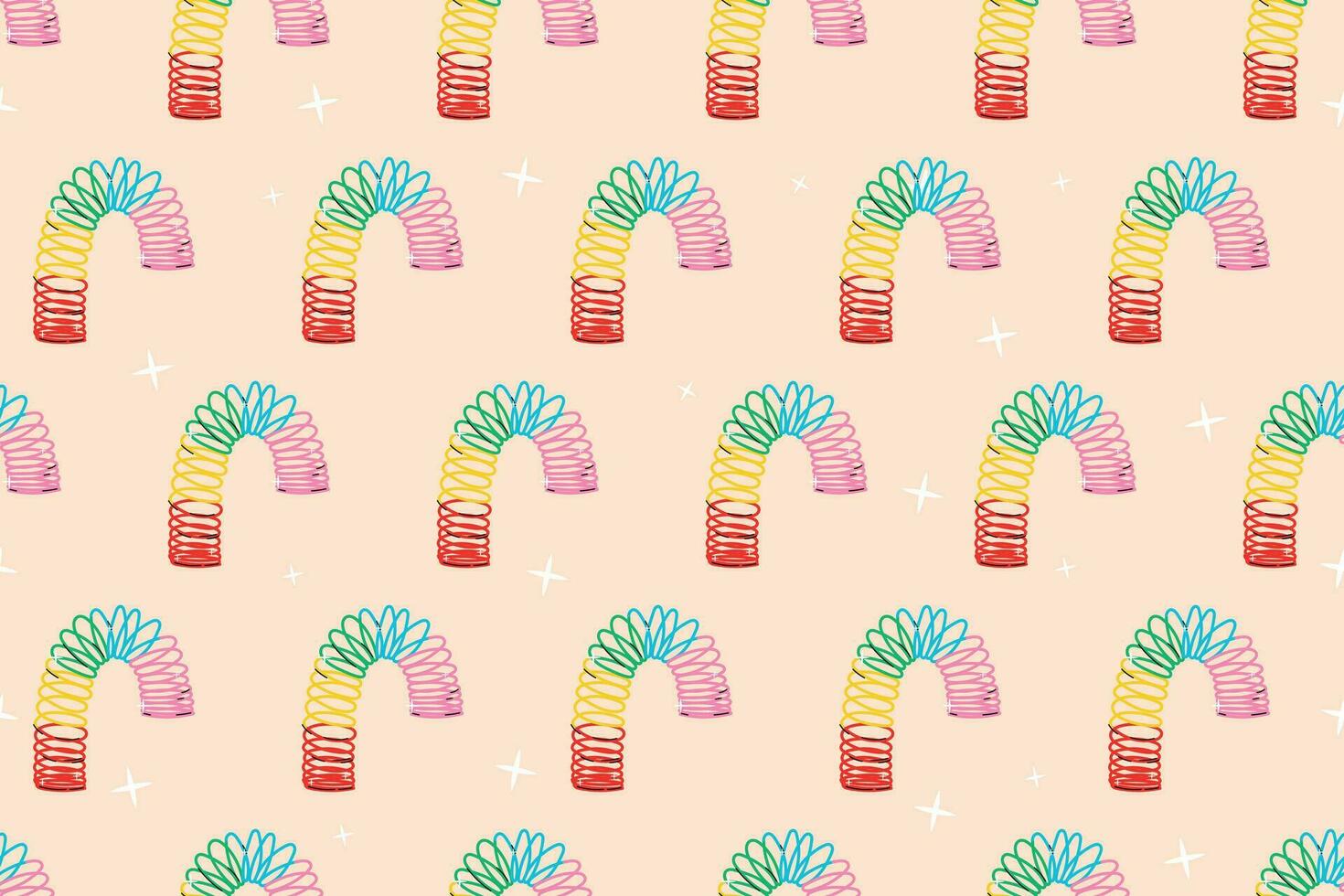 Children multi-colored toy 90s Slinky spiral. Vector seamless pattern, cartoon retro game.