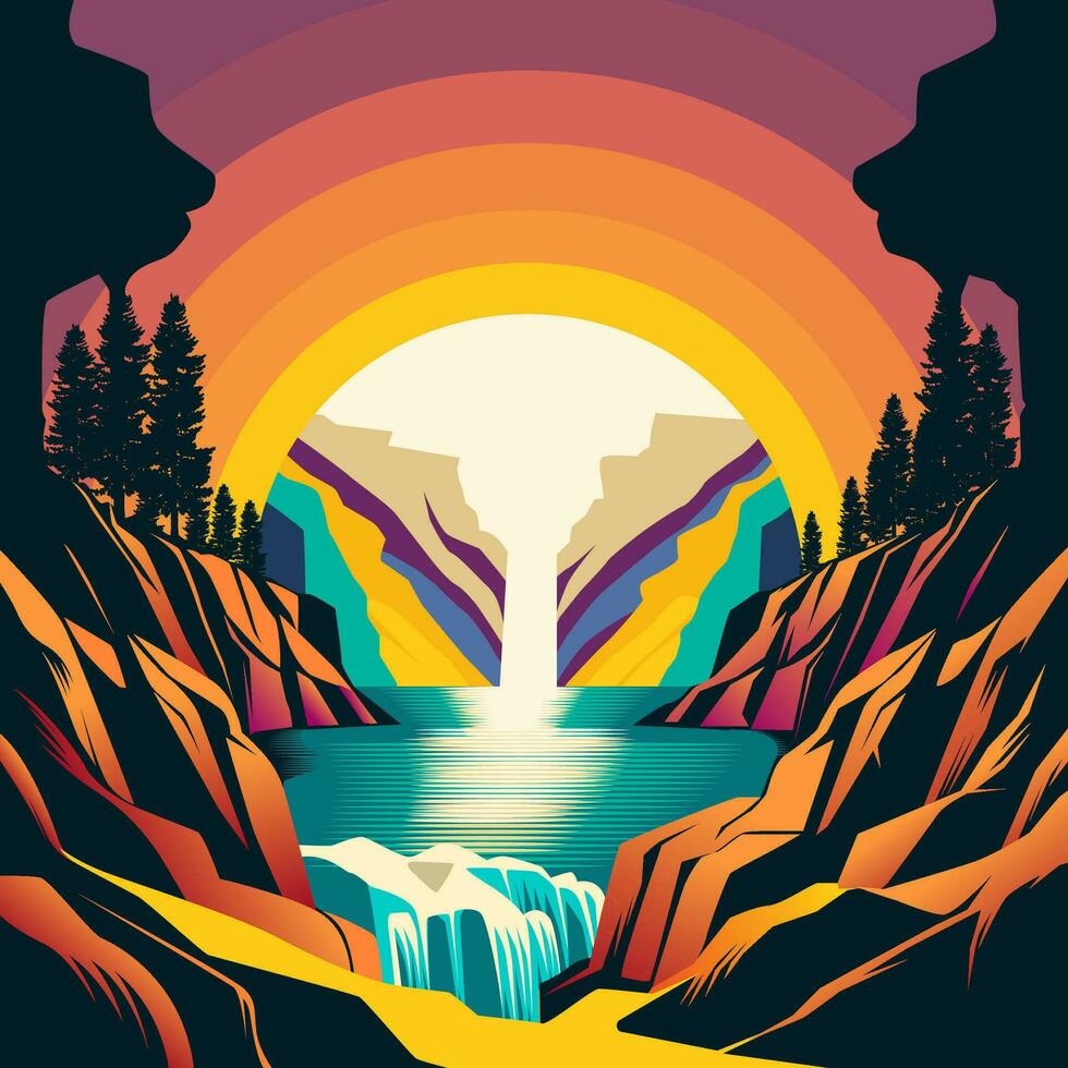 Mountain next to river with waterfall art. Nature view in psychedelic art vector illustration. Colorful background. Vector eps 10.