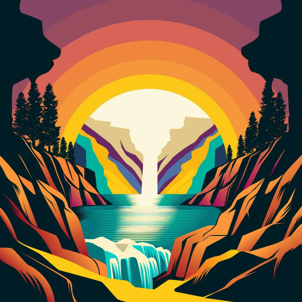 montaña siguiente a río con cascada Arte. naturaleza ver en psicodélico Arte vector ilustración. vistoso antecedentes. vector eps 10