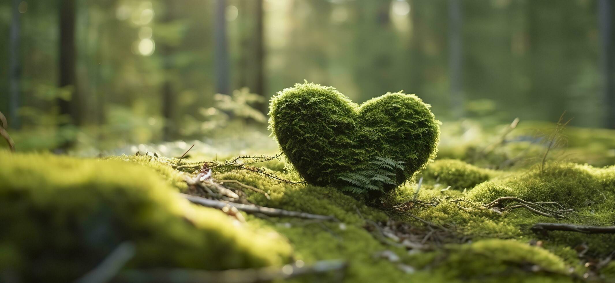 Closeup of wooden heart on moss. Natural burial grave in the woods. Generative AI photo