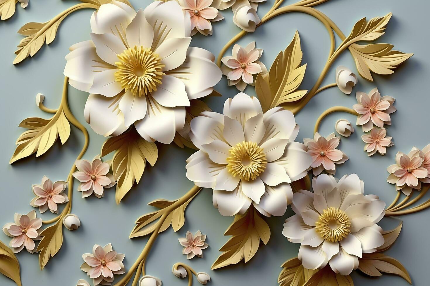 Elegant colorful 3d flowers with leaves on a tree illustration background. Generative AI photo