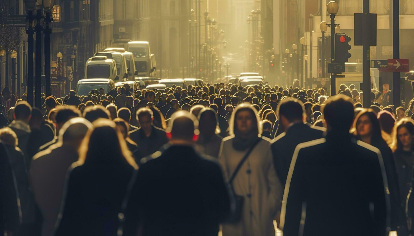 Crowd of people walking busy city street backlit. Generative AI photo