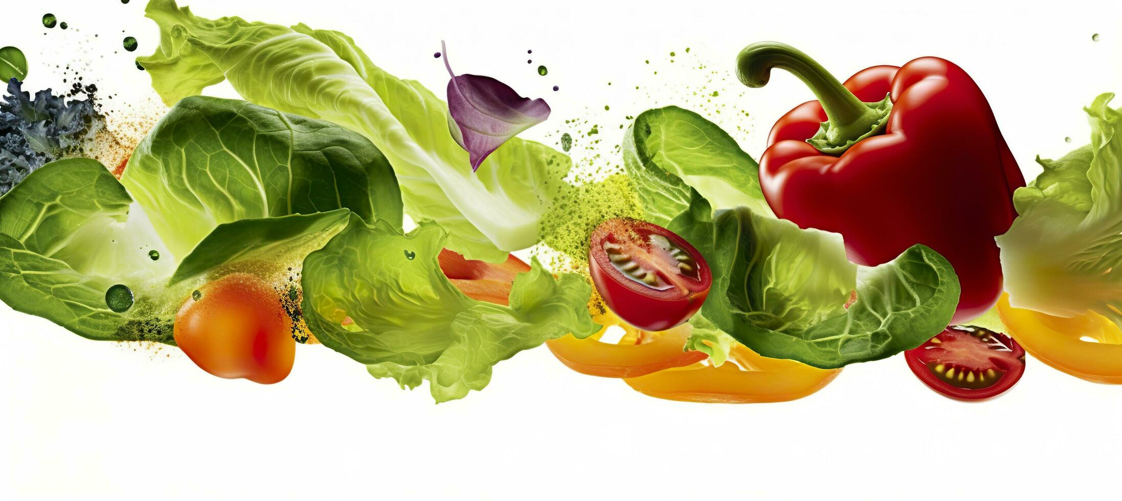 Falling vegetables, salad of bell pepper, tomato, and lettuce leaves. Generative AI photo