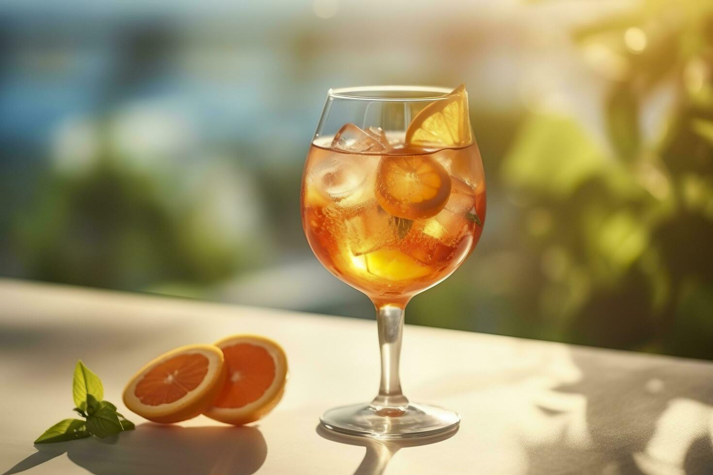 Aperol spritz summer drink in glass with shadows, tropical background. Generative AI photo