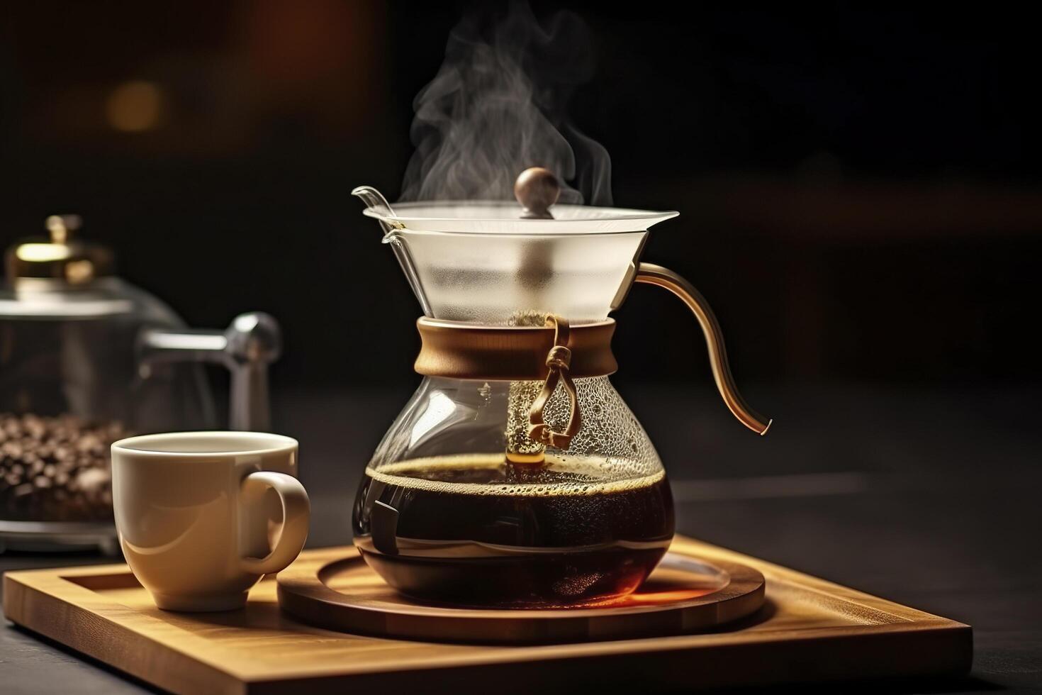 An alternative coffee brewing method is pure over, a glass teapot on a